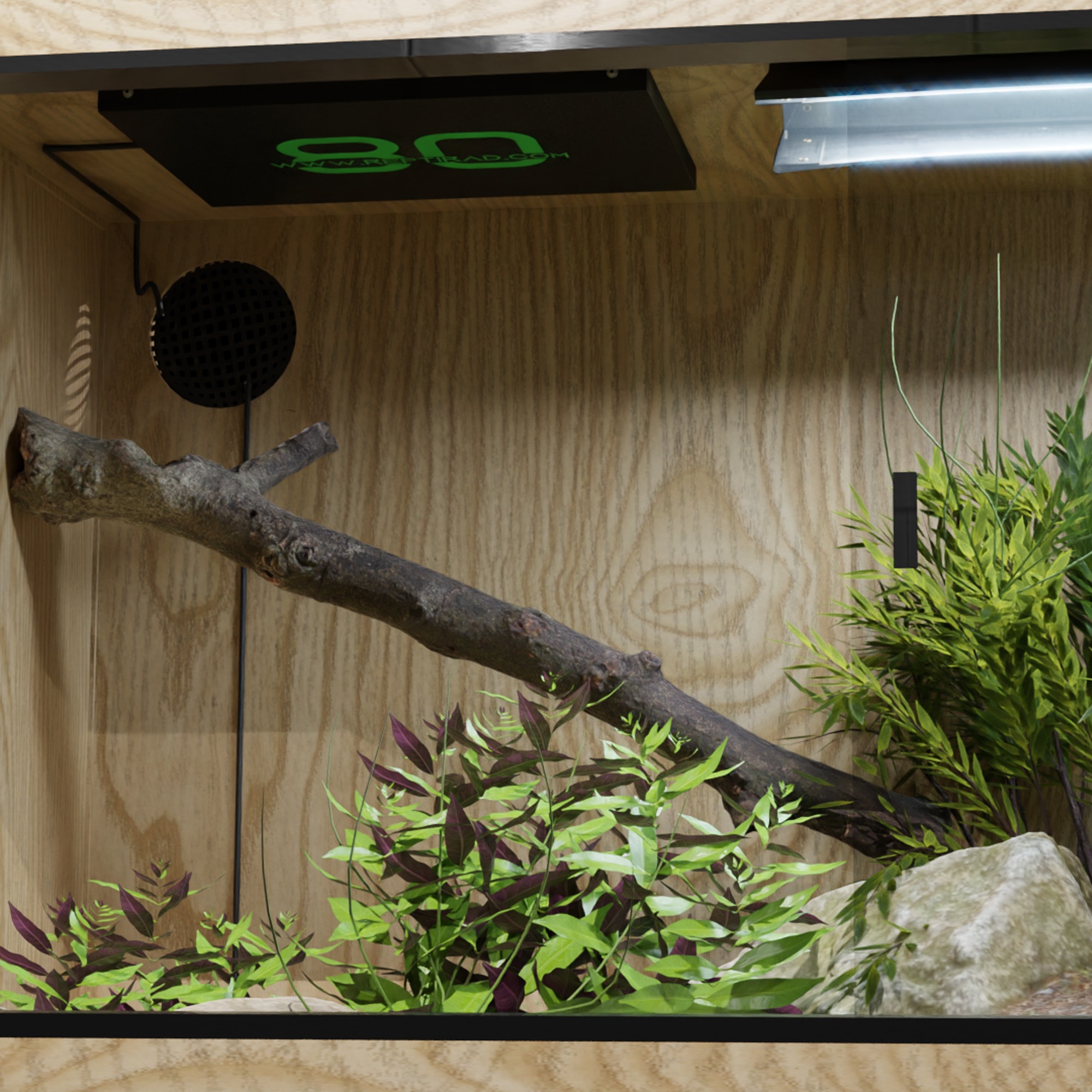 ReptiRad 80W panel mounted beneath the ceiling of a wooden enclosure, with a branch, foliage and lighting visible.